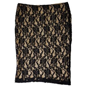 NEWPORT NEWS PENCIL SKIRT SIZE 14 NUDE  BLACK FLORAL LACE BODYCON KNEE LENGTH